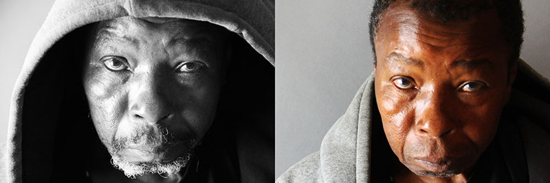 Side-by-side close-up portraits show a hooded man in monochrome and color.