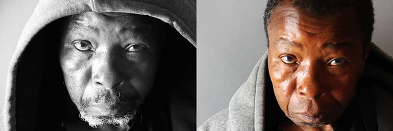 Side-by-side close-up portraits show a hooded man in monochrome and color.