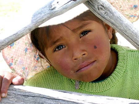 A child in a green sweater looks through a weathered wooden frame.