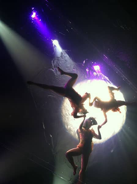 Three aerial performers hang upside down beneath purple spotlights against a bright circular backdrop.