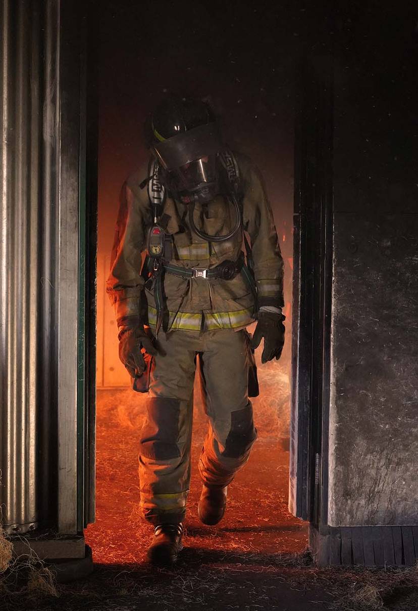 Firefighter in full protective gear walks through a doorway illuminated by flames and smoke.