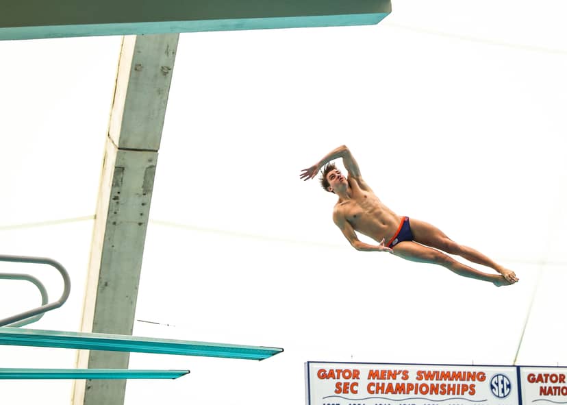 Diver arches through the air above springboards at a swimming championship.