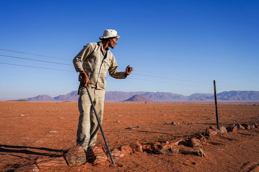 Worker repairs a wire fence in a red desert with distant mountains.